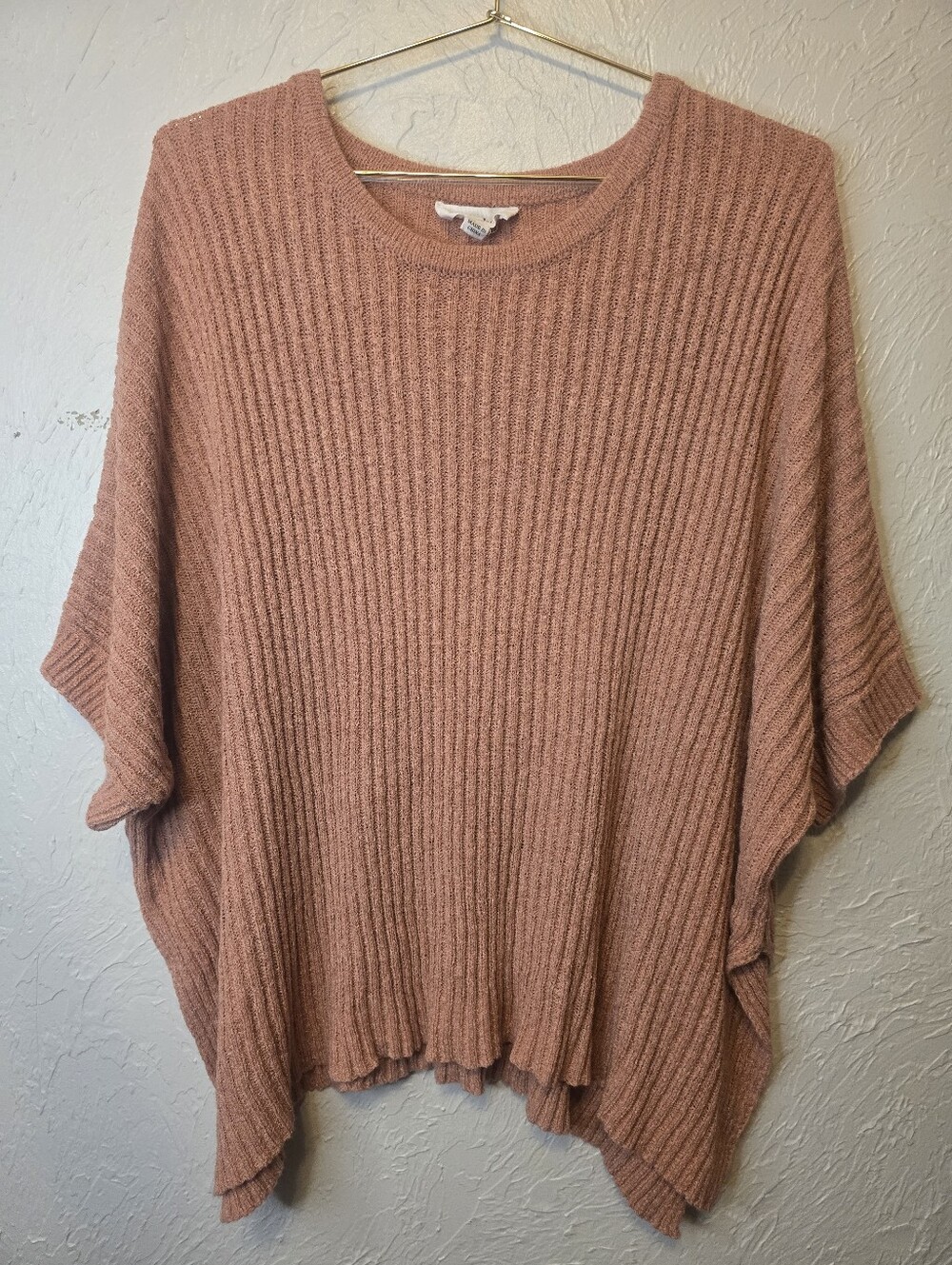 MittoShop Dusty Rose Ribbed Knit Poncho Sweater M/L Oversized Boho Cozy Top